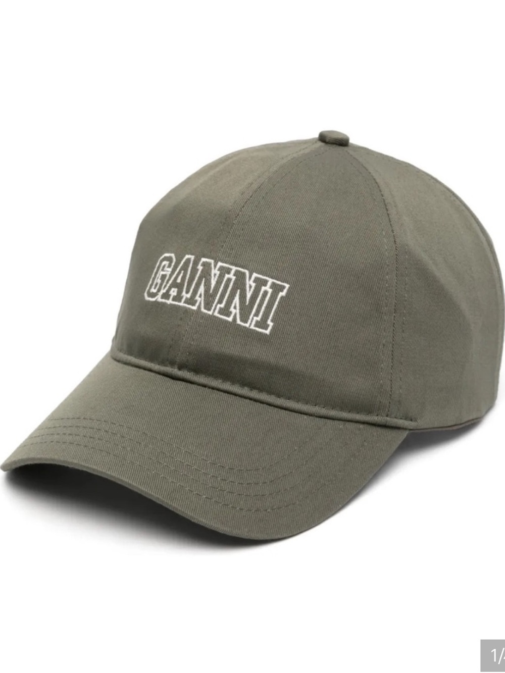 Ganni Olive Green Logo Baseball Cap with White Embroidery
